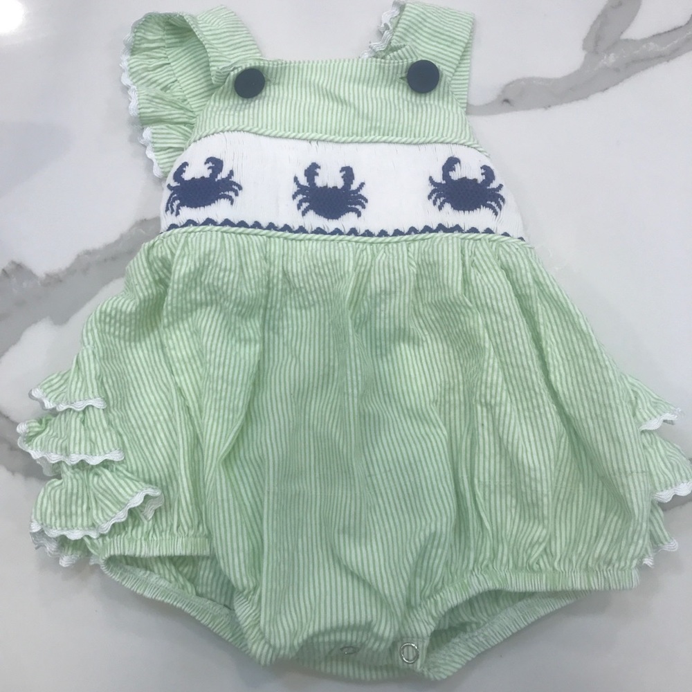 Ruffle bottom smocked bubble.